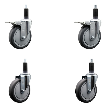 Service Caster 5'' Thermoplastic Rubber Swivel 1-1/8'' Expanding Stem Caster Set 2 Total Lock Brakes, 4PK SCC-EXTTL20S514-TPRB-2-S-2-118